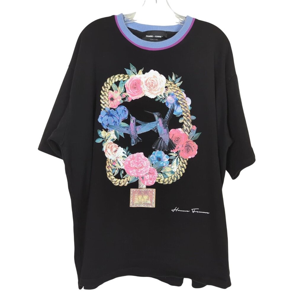 Homme Femme Graphic T-Shirt XXL Large Black Floral Hummingbird Chain‎ Streetwear